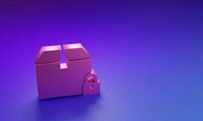 Pink Locked package icon isolated on purple-blue background. Lock and cardboard box. Minimalism concept. 3D render illustration