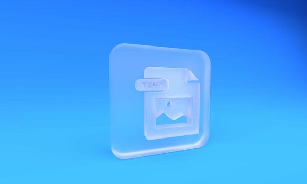 Frosted glass TIFF file document. Download tiff button icon isolated on blue background. TIFF file symbol. Square frosted glass button. 3D render illustration