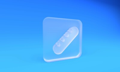 Frosted glass French baguette bread icon isolated on blue background. Square frosted glass button. 3D render illustration