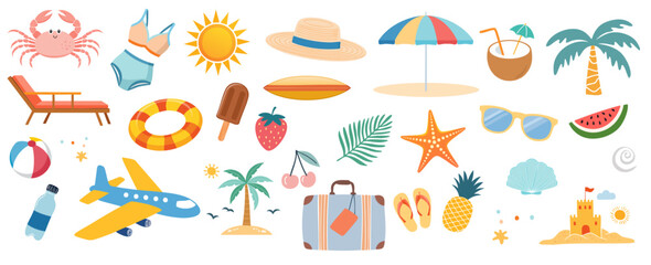 Vector summer set, cute summer holiday beach elements, summer vacation elements collection