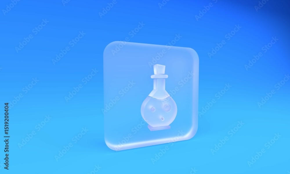 Poster frosted glass glass bottle with magic elixir icon isolated on blue background. computer game asset. 