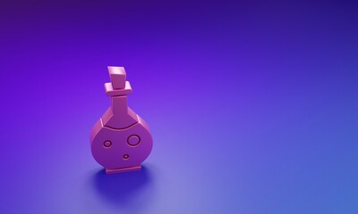 Pink Glass bottle with magic elixir icon isolated on purple-blue background. Computer game asset. Minimalism concept. 3D render illustration