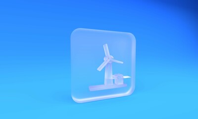 Fototapeta premium Frosted glass Wind turbine icon isolated on blue background. Wind generator sign. Windmill for electric power production. Square frosted glass button. 3D render illustration