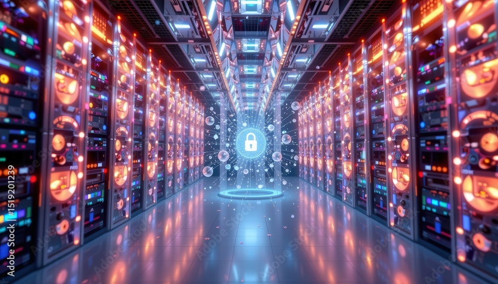 Poster futuristic data center with security features and glowing technology.