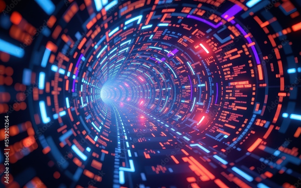 Poster futuristic tunnel with glowing data streams and vibrant colors.