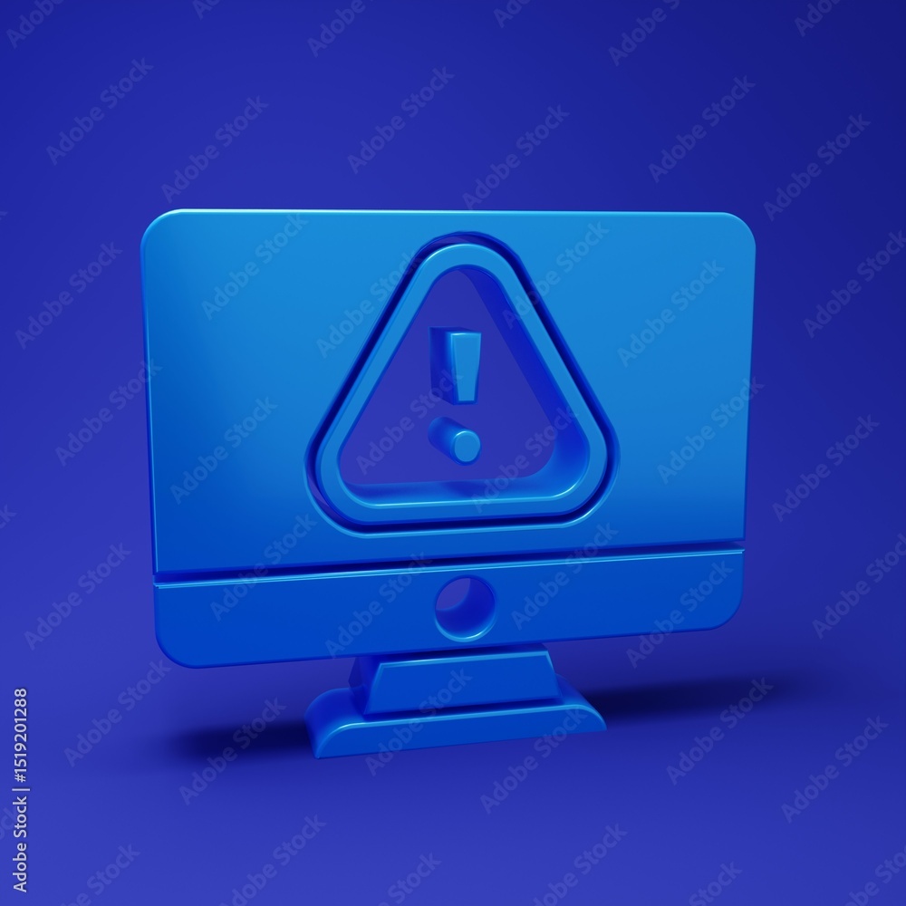 Poster blue computer monitor with exclamation mark icon isolated on blue background. alert message smartpho