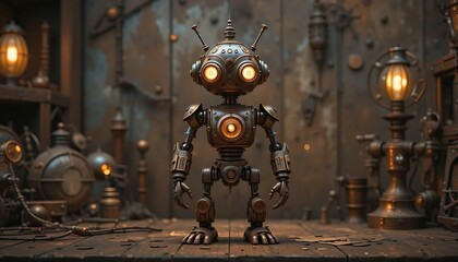 Steampunk robot lamp diy diamond painting kit, aged copper and rusted iron, fantastical machinery, glowing arcane lighting, whimsical invention, retro-futuristic, curious"