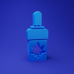 Blue Medical marijuana or cannabis leaf olive oil drop icon isolated on blue background. Cannabis extract. Hemp symbol. Minimalism concept. 3D render illustration