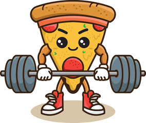 Illustration of a pizza food character mascot doing weightlifting exercises