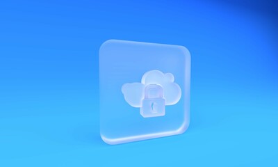 Frosted glass Cloud computing lock icon isolated on blue background. Security, safety, protection concept. Protection of personal data. Square frosted glass button. 3D render illustration