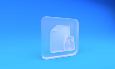 Frosted glass Document and lock icon isolated on blue background. File format and padlock. Security, safety, protection concept. Square frosted glass button. 3D render illustration