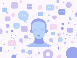 Flat abstract vector of a faceless character surrounded by digital message bubbles shaped like speech clouds. Minimalist design representing online support and emotional connection.