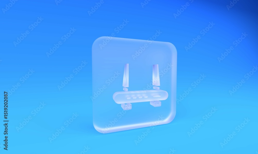 Poster frosted glass router and wi-fi signal icon isolated on blue background. wireless ethernet modem rout