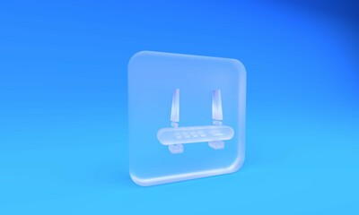 Frosted glass Router and wi-fi signal icon isolated on blue background. Wireless ethernet modem router. Computer technology internet. Square frosted glass button. 3D render illustration