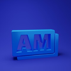 Blue Clock AM icon isolated on blue background. Time symbol. Minimalism concept. 3D render illustration