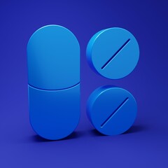 Blue Toothache painkiller tablet icon isolated on blue background. Tooth care medicine. Capsule pill and drug. Pharmacy design. Minimalism concept. 3D render illustration