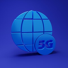 Blue 5G new wireless internet wifi connection icon isolated on blue background. Global network high speed connection data rate technology. Minimalism concept. 3D render illustration