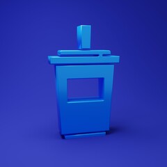 Blue Paper glass with drinking straw and water icon isolated on blue background. Soda drink glass. Fresh cold beverage symbol. Minimalism concept. 3D render illustration