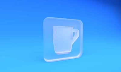 Frosted glass Coffee cup icon isolated on blue background. Tea cup. Hot drink coffee. Square frosted glass button. 3D render illustration