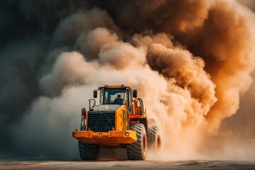 Obraz premium Mining Wheel Loader in Motion Front View with Dust