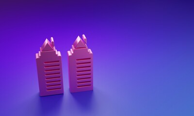 Pink Two tall residential towers in the Dnipro city icon isolated on purple-blue background. Minimalism concept. 3D render illustration
