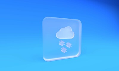 Frosted glass Cloud with snow icon isolated on blue background. Cloud with snowflakes. Single weather icon. Snowing sign. Square frosted glass button. 3D render illustration