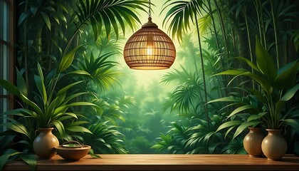 Tropical rattan pendant lamp diy diamond painting kit, natural bamboo and lush emerald, organic flowing shapes, warm sun-dappled lighting, jungle retreat, exotic escape,  vibrant"