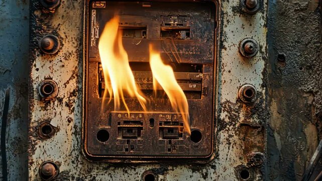 Burning electrical panel, fire danger, rusty and old with electrical wires. Fire hazard, electrical failure concept.