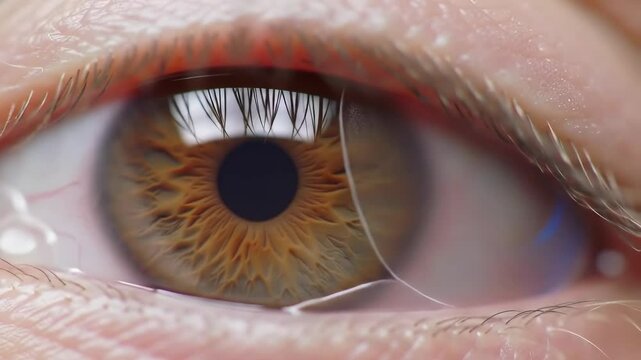 Closeup eye blink sequence highlighting detailed brown iris and changing pupil