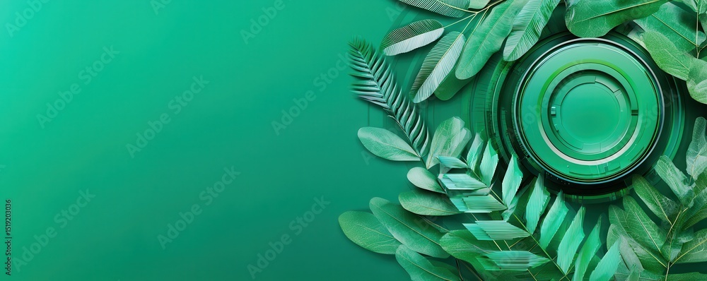 Aufkleber green leaves surround a round, metallic object on a green background, blending technology with natur