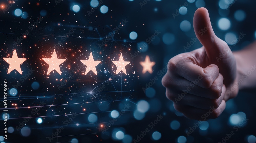 Poster rating animated thumbs up and five star rating appearing on a digital interface.