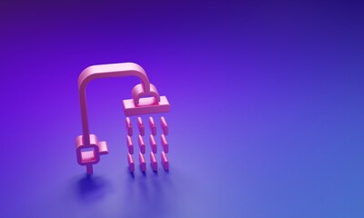 Pink Shower head with water drops flowing icon isolated on purple-blue background. Minimalism concept. 3D render illustration