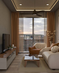 Living room with leather sofa and glass top table in front of a TV and terrace in high rise building