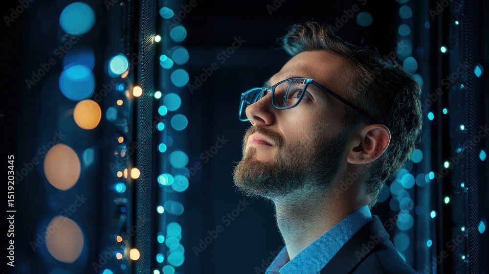 Poster solution it specialist solving a cybersecurity issue on a high tech computer interface.