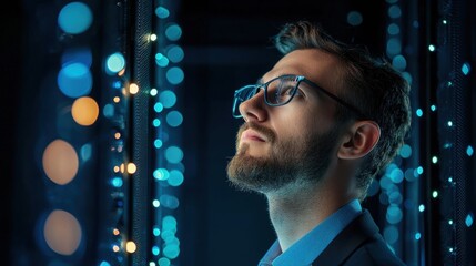 Solution IT specialist solving a cybersecurity issue on a high tech computer interface.