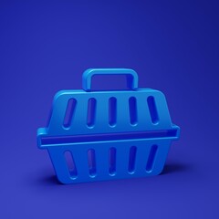 Blue Pet carry case icon isolated on blue background. Carrier for animals, dog and cat. Container for animals. Animal transport box. Minimalism concept. 3D render illustration