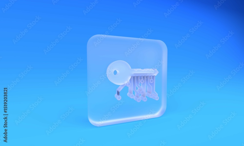 Poster frosted glass cryptocurrency key icon isolated on blue background. concept of cyber security or priv