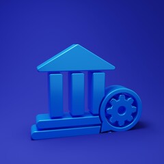 Blue Bank building and gear icon isolated on blue background. Adjusting app, service concept, setting options, maintenance, repair, fixing. Minimalism concept. 3D render illustration