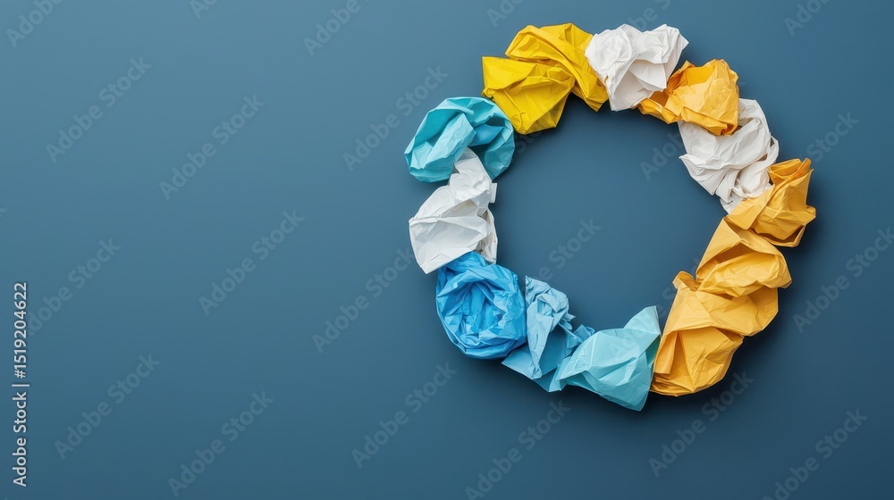 Poster Crumpled colored paper sheets arranged in a circular shape on a blue background.