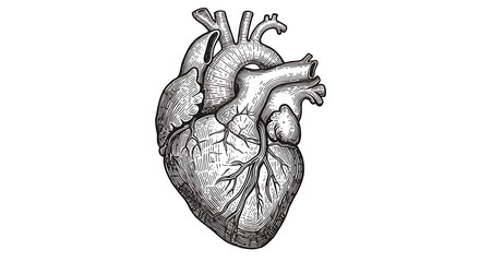 Black and white vector drawing of an anatomical human heart, detailed engraving style hand-drawn sketch with realistic muscle and vessel structures for educational or medical purposes