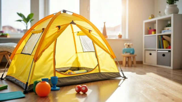 Yellow children's play tent set up indoors with toys in sunlight