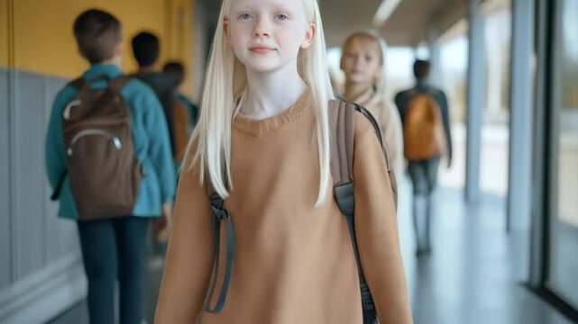 Confident albino elementary school student girl walking in school hallway with backpack, other children walking in background, albinism awareness concept