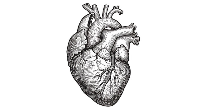 Black and white vector drawing of an anatomical human heart, detailed engraving style hand-drawn sketch with realistic muscle and vessel structures for educational or medical purposes