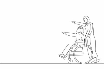Continuous one line drawing couple of happy Arabic people while pointing in one direction. Caregiver woman pushing man on wheelchair, enjoy health care activity. Single line draw design vector graphic