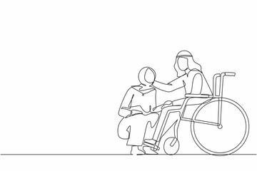 Single one line drawing Arab woman kneeling before man in wheelchair. Disabled husband sitting in wheelchair holding wife head in hospital ward. Continuous line draw design graphic vector illustration