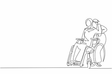 Continuous one line drawing Arabic woman sitting in wheelchair while husband standing behind and hugging her. Man supporting wife during rehabilitation. Relationship concept. Single line design vector