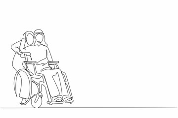 Single continuous line drawing Arab man sitting in wheelchair while wife standing behind and hugging him. Woman supporting husband during rehabilitation. Relationship concept. One line design vector