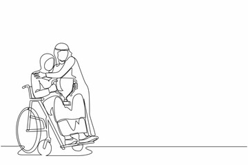 Single continuous line drawing disability Arab woman on wheelchair with trophy cup sharing her joy from achievements, victory with her husband. Disabled people success in sport. One line design vector