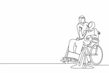 Single one line drawing husband embracing disabled Arabian wife sitting on wheelchair. Couple looking at each other with love. Man holding hands of disable woman. Continuous line design graphic vector