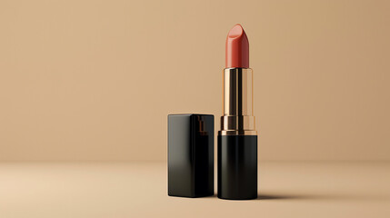 A sophisticated black lipstick tube with a peach hue stands elegantly next to its square cap. The background is a soft tan, suggesting a focus on beauty and cosmetic products.